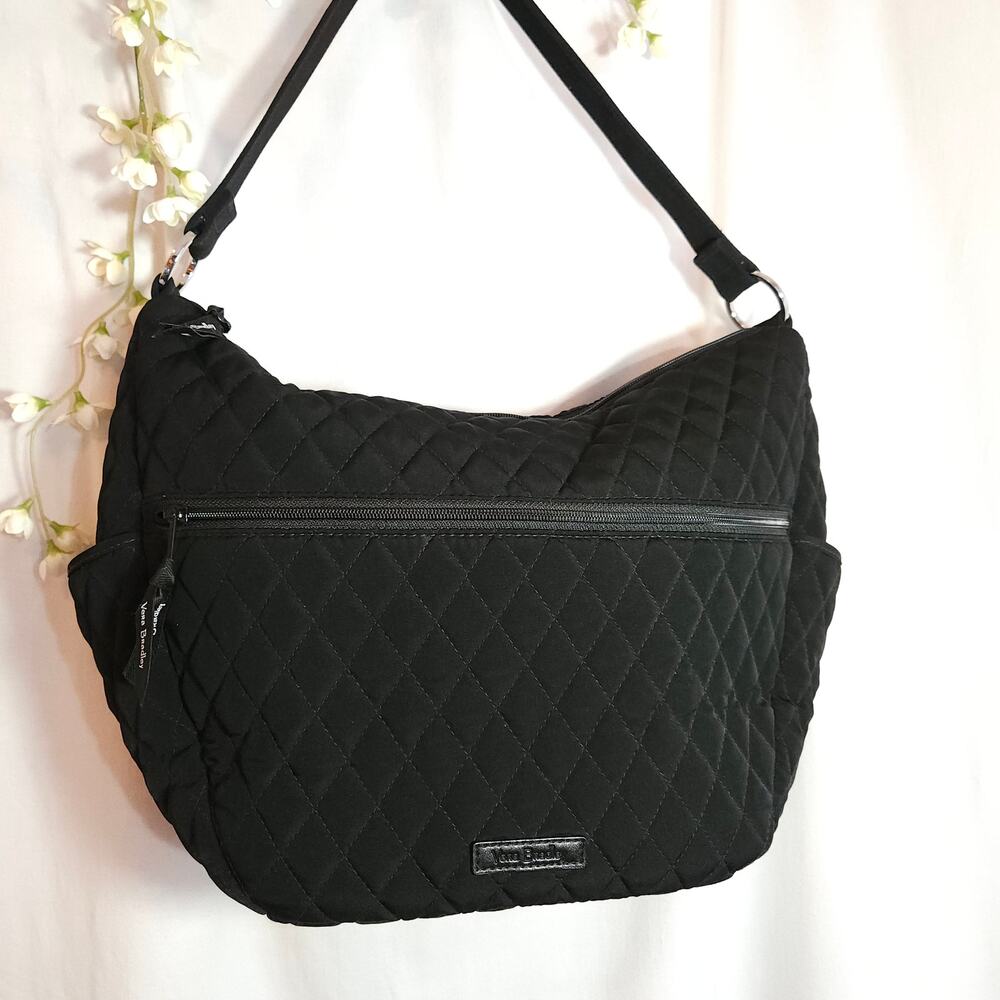 Vera Bradley Black Quilted Hobo Shoulder Bag Rose Floral Lining